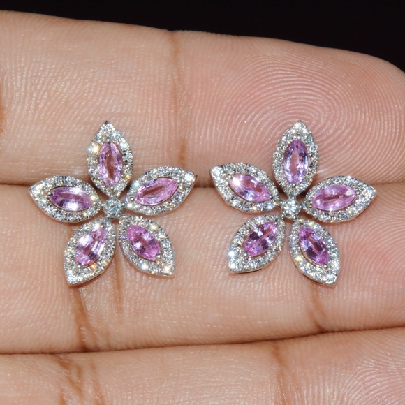 CERTIFIED NATURAL 2.36CTS VS F DIAMOND PINK SAPPHIRE 18K GOLD FLORAL EARRINGS - Picture 14 of 15